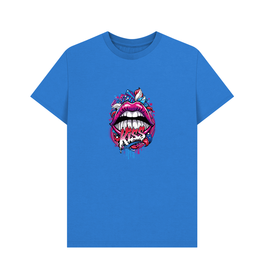 Blue t-shirt with colorful lips graphic
