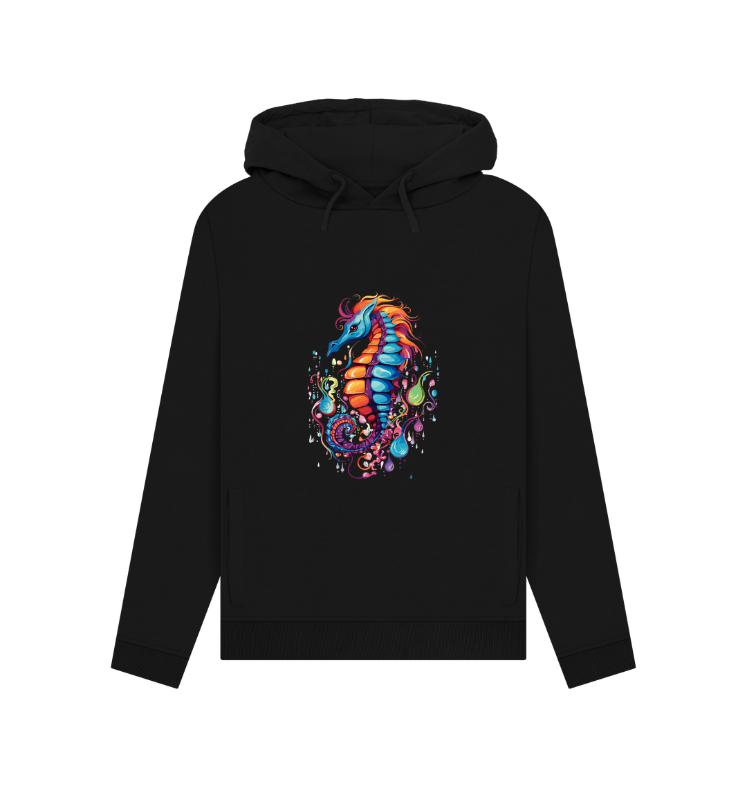 Black hoodie with colorful seahorse design