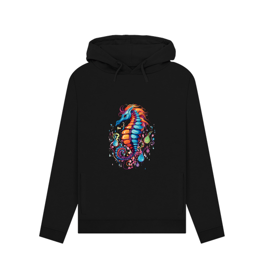 Black hoodie with colorful seahorse design