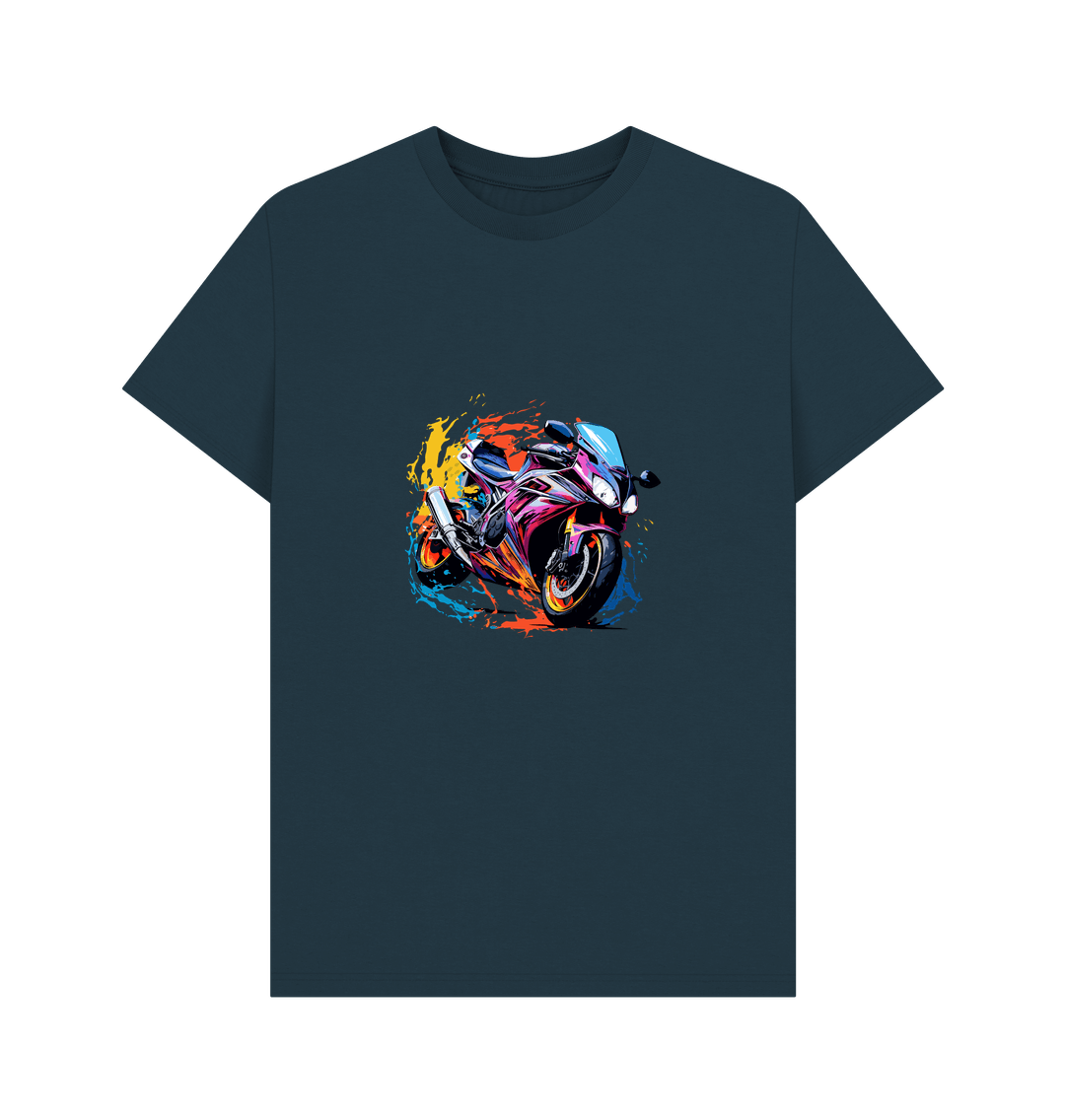 Dark blue t-shirt with colorful motorcycle graphic