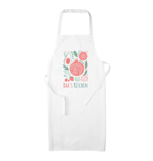 White apron with fruit illustration and text