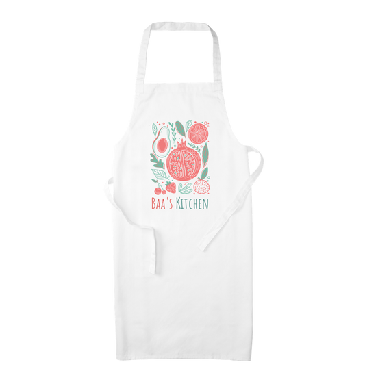 White apron with fruit illustration and text