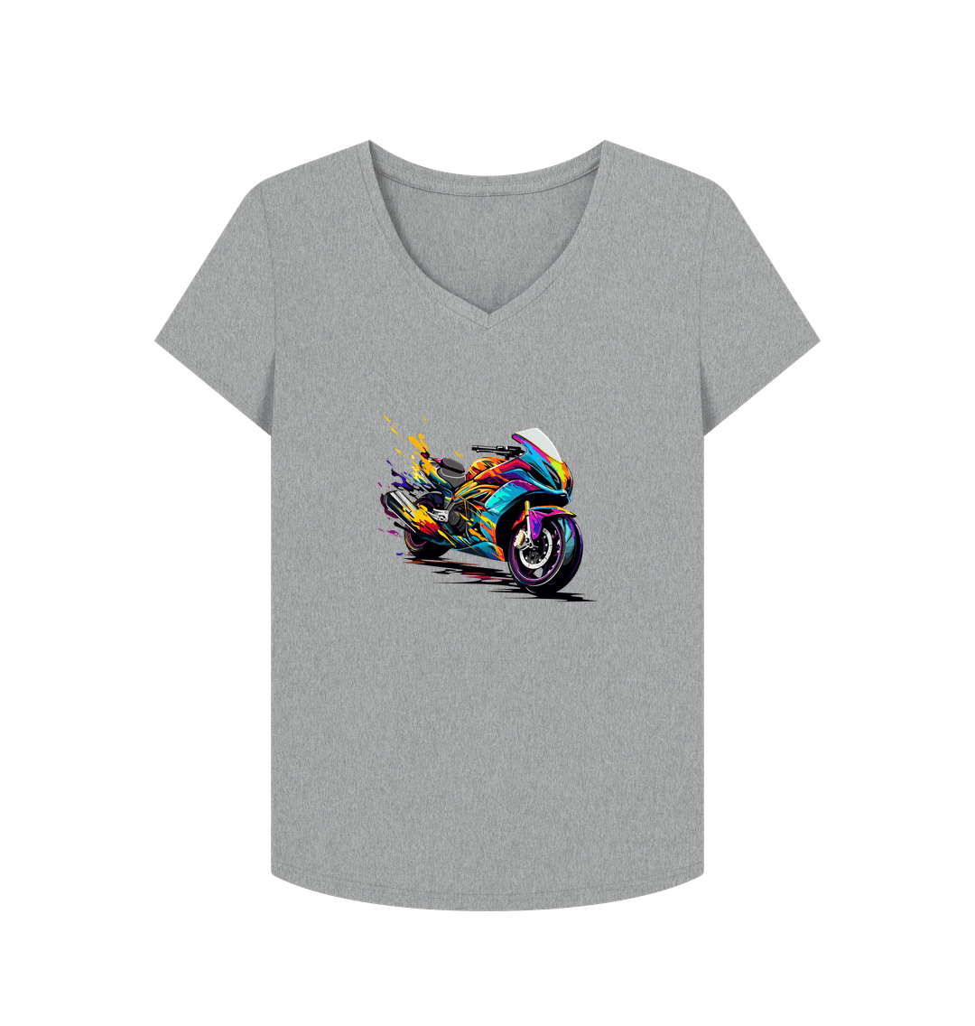 Gray V-neck t-shirt with colorful motorcycle graphic