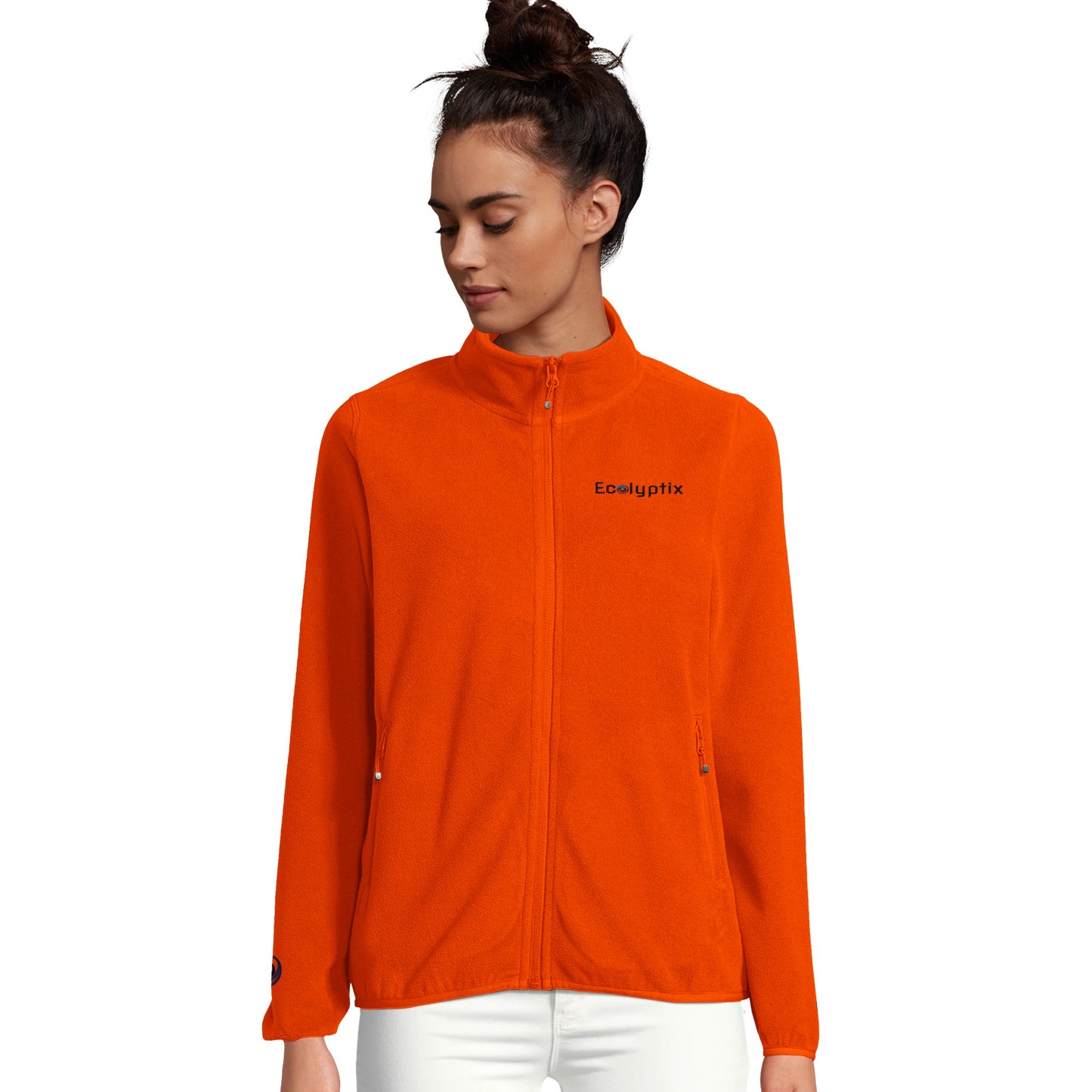 Orange fleece jacket with "Ecolyptix" logo (person)
