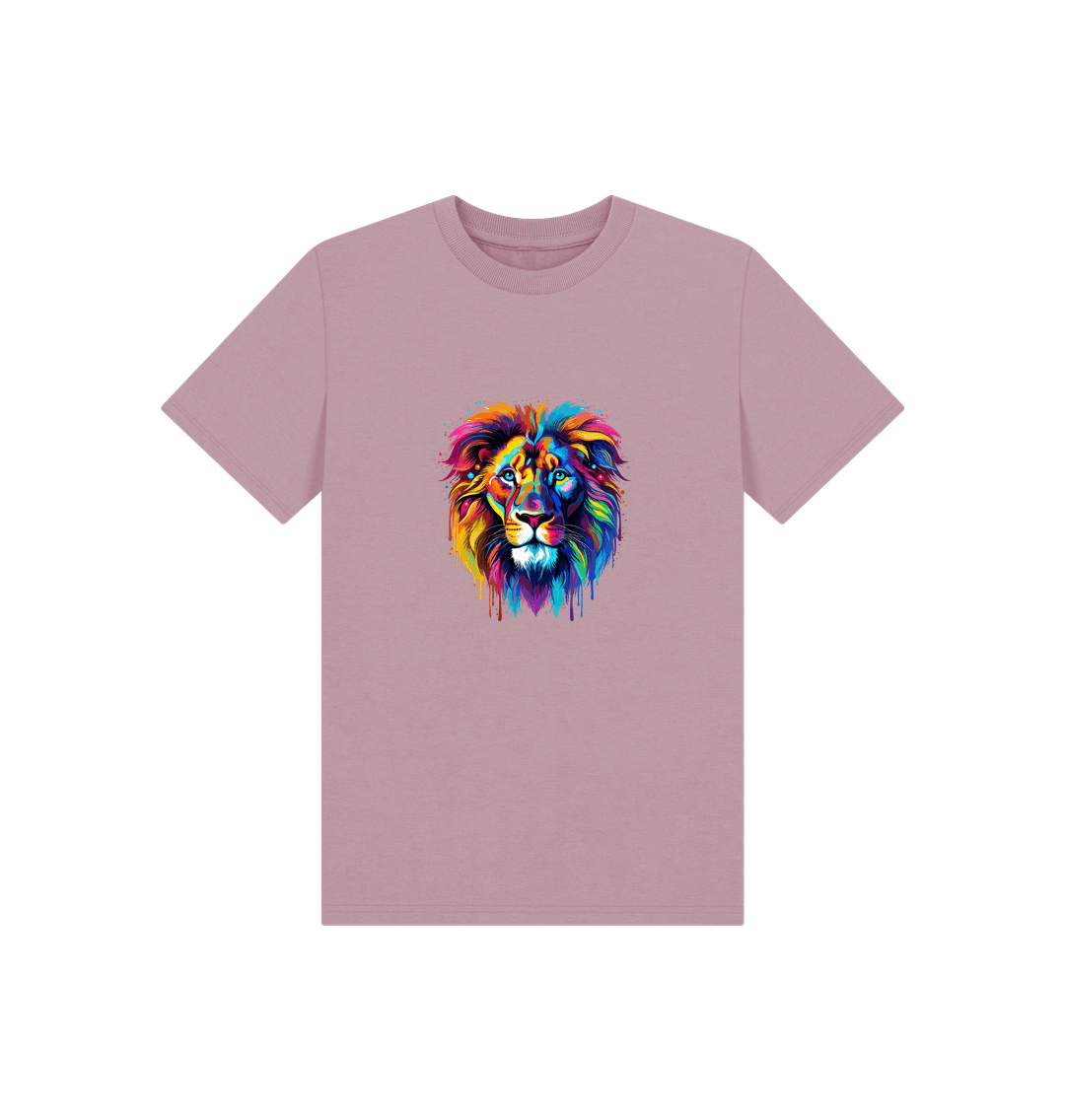 Pink t-shirt with colorful lion graphic