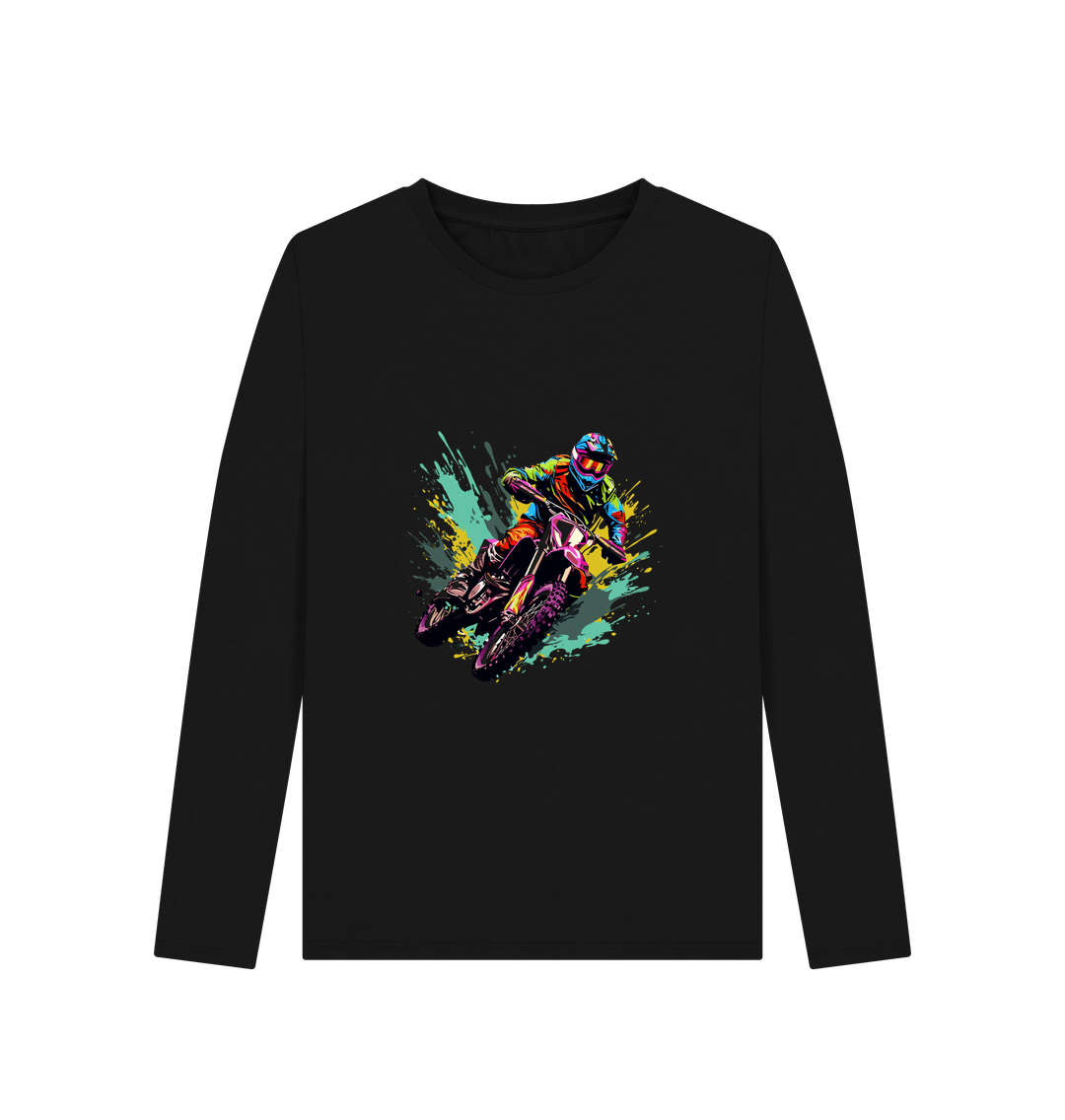 Black long-sleeved t-shirt with motocross graphic