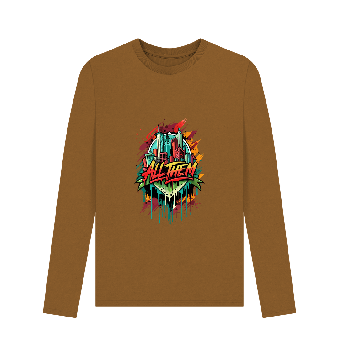 Brown long-sleeved t-shirt with colorful city graphic