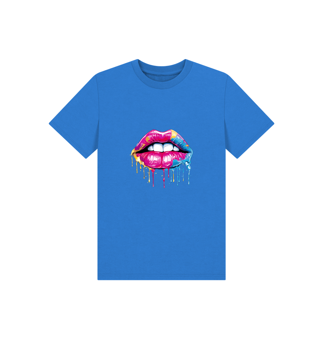 Blue t-shirt with colorful dripping lips graphic