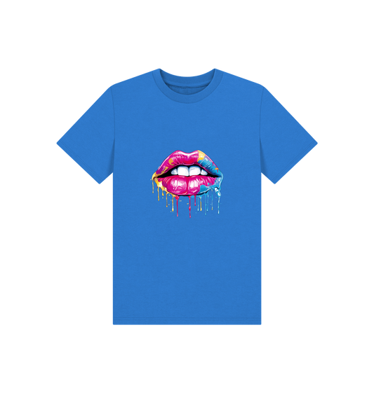 Blue t-shirt with colorful dripping lips graphic