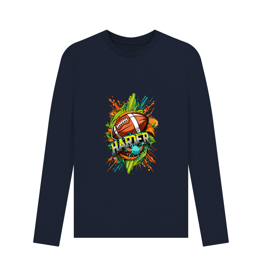 Navy blue long-sleeved t-shirt with football graphic and "HARDER" text
