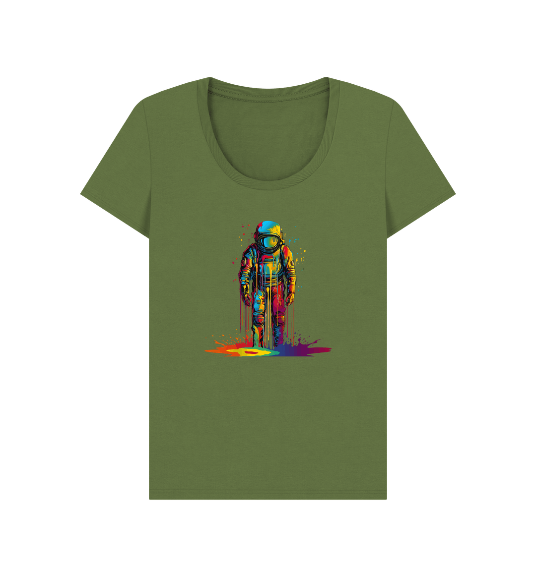 Green t-shirt with colorful astronaut graphic
