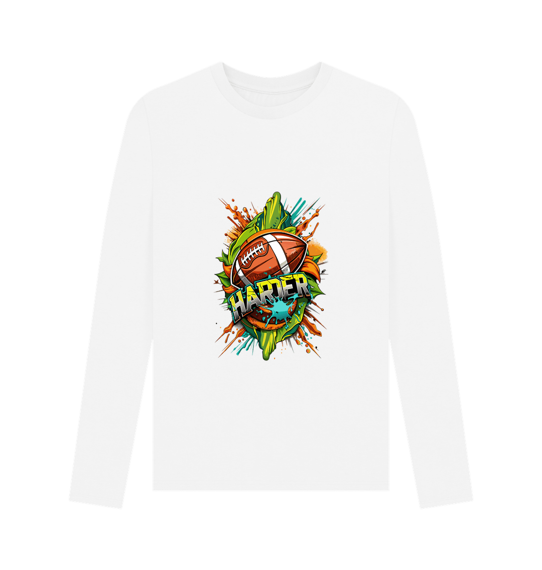 White long-sleeved t-shirt with football graphic
