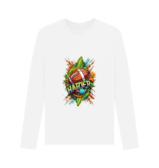 White long-sleeved t-shirt with football graphic