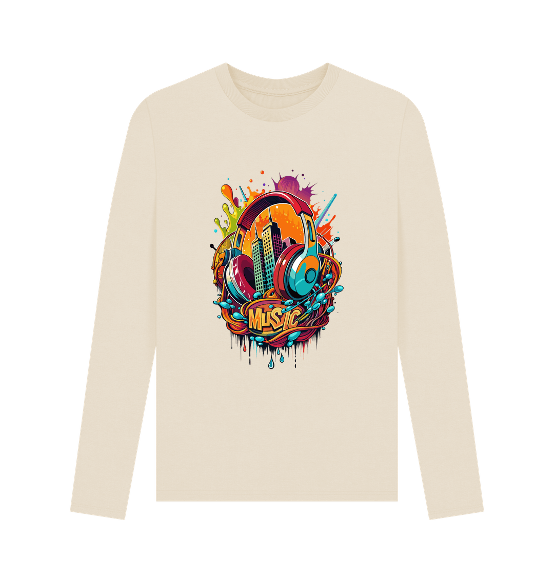 Cream long-sleeved t-shirt with colorful music-themed graphic
