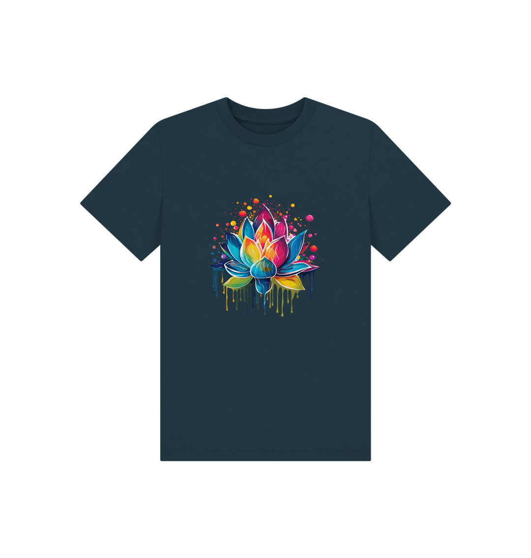 Dark blue t-shirt with colorful lotus flower design