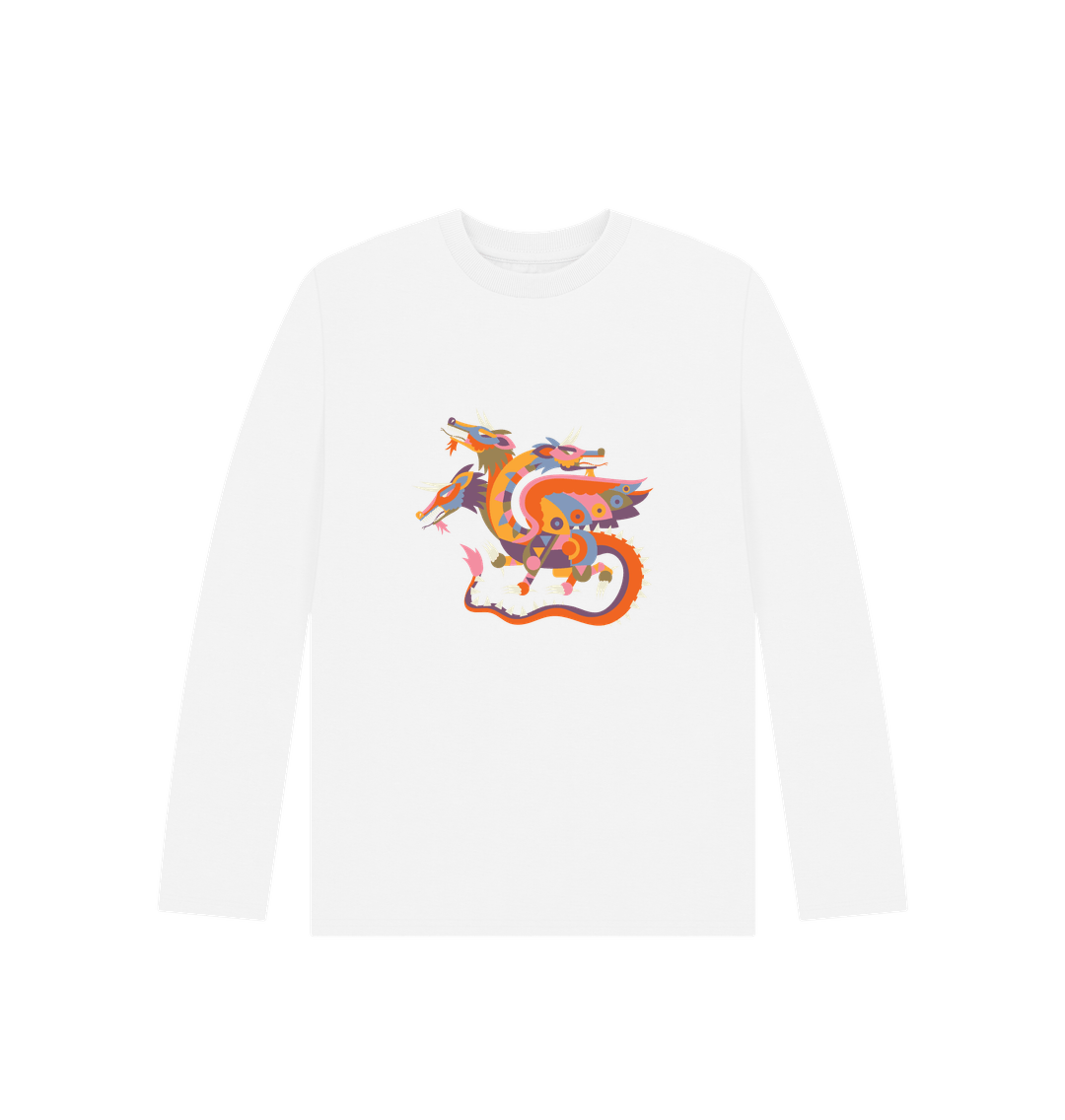 White long-sleeved t-shirt with colorful dragon design