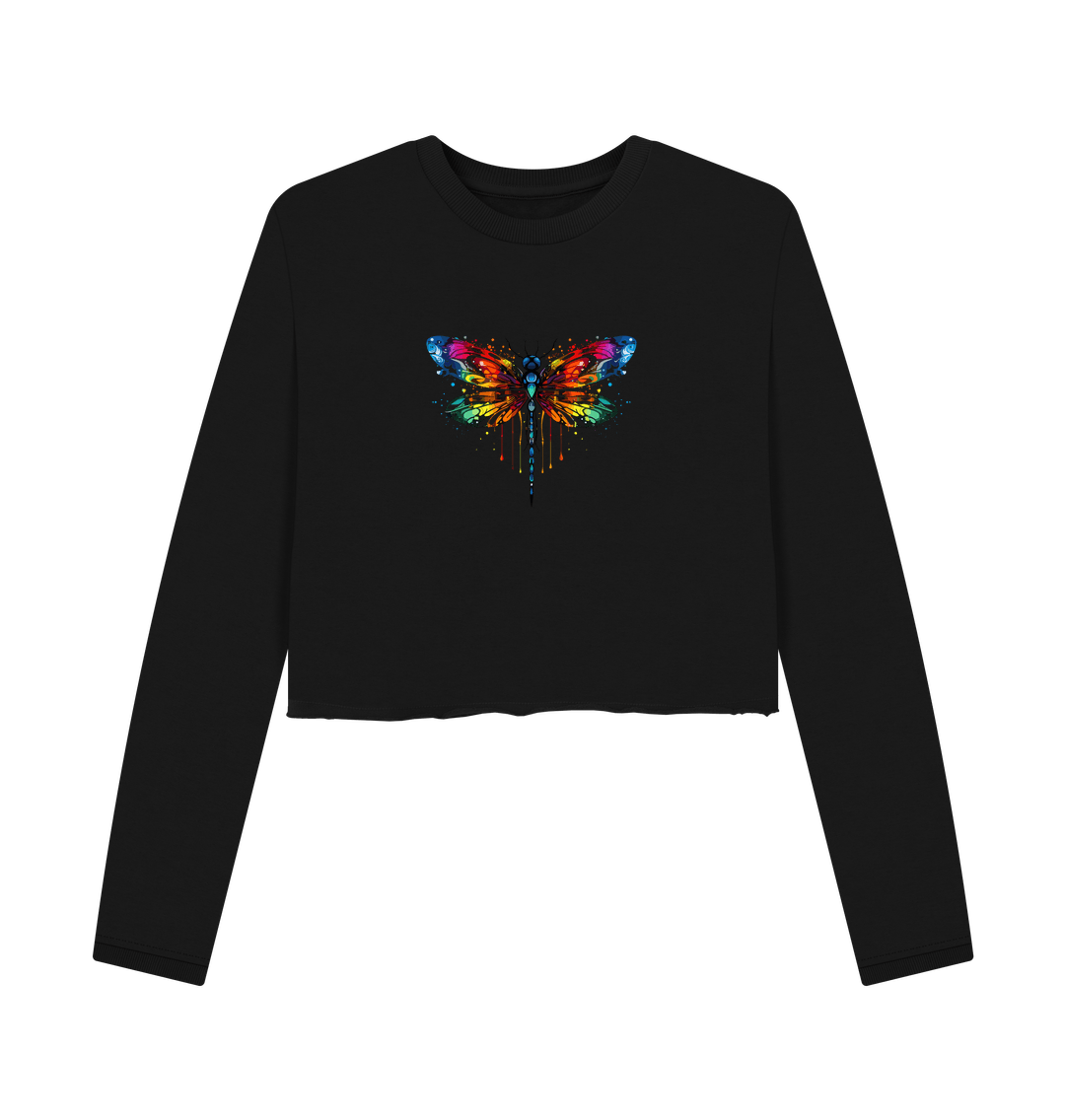 Black cropped sweatshirt with colorful butterfly design