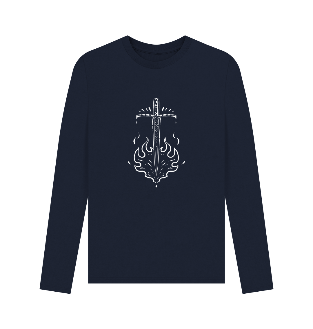 Navy blue long-sleeved t-shirt with sword graphic