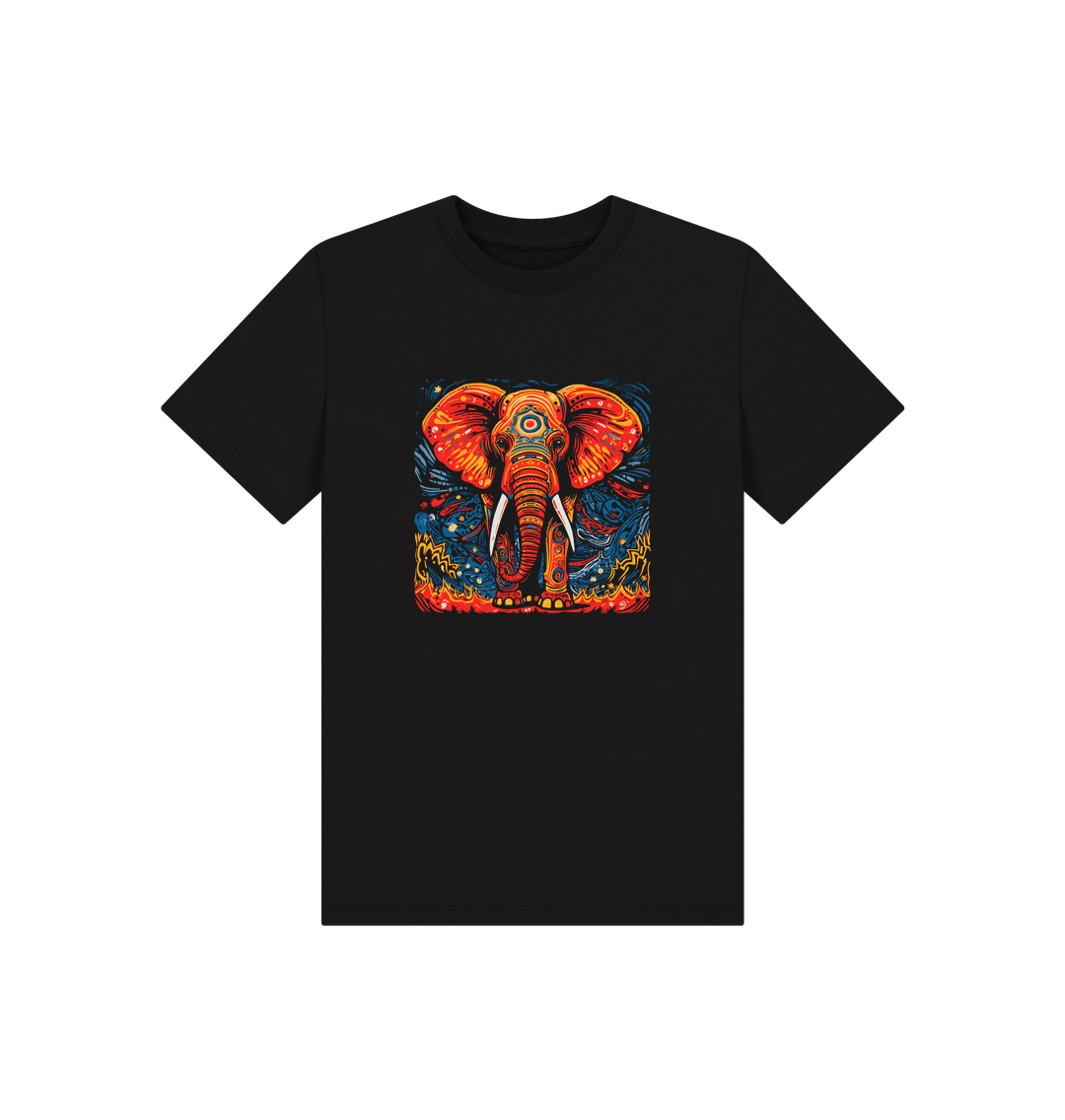 Black t-shirt with colorful elephant graphic