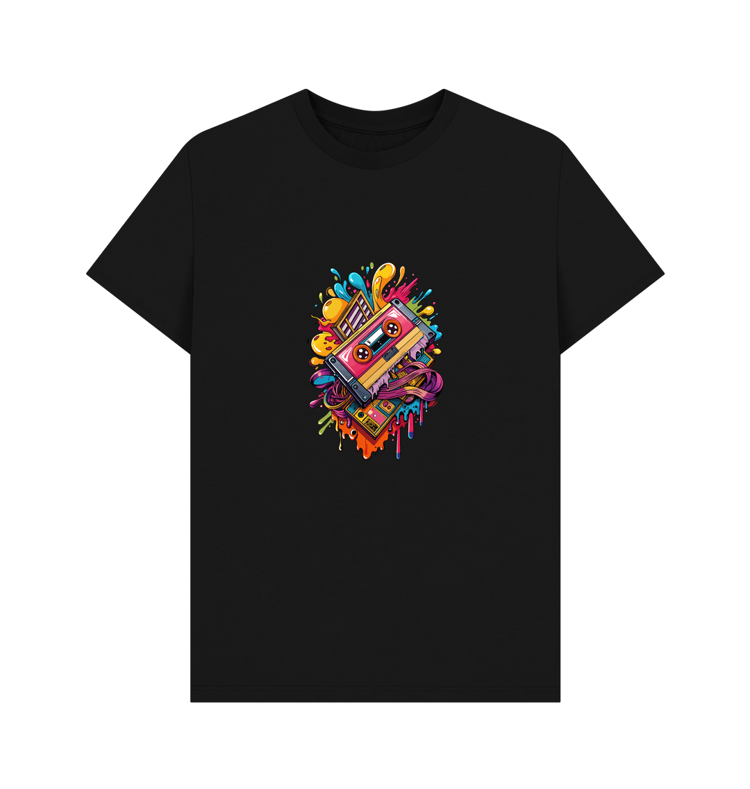 Black t-shirt with colorful cassette tape design