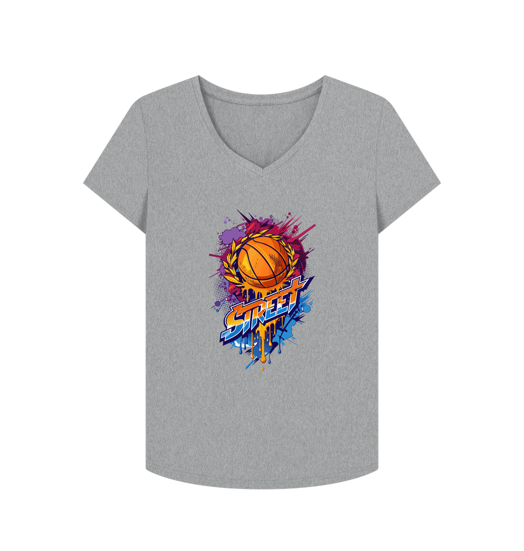 Gray V-neck t-shirt with basketball graphic