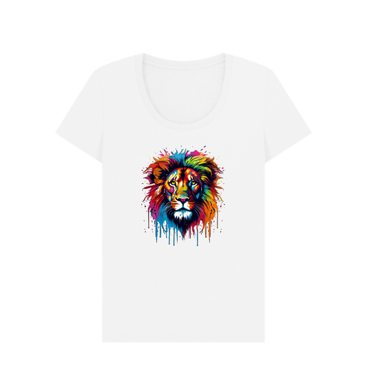 White t-shirt with colorful lion graphic