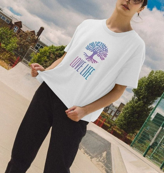 White t-shirt with "LOVE LIFE" and tree design (person)