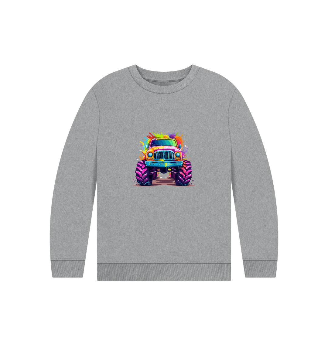 Gray sweatshirt with colorful monster truck graphic