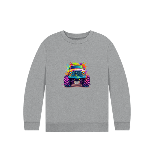 Gray sweatshirt with colorful monster truck graphic