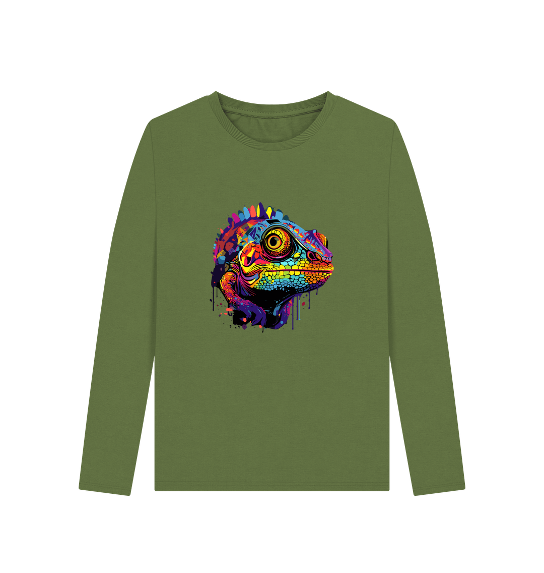 Olive green long-sleeved t-shirt with colorful chameleon graphic
