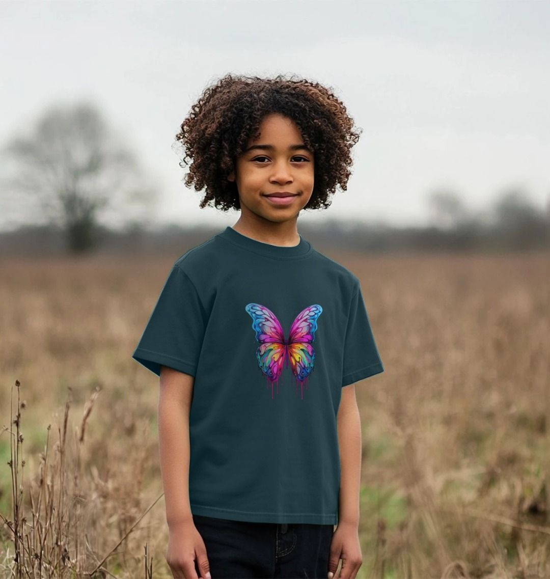 Dark green t-shirt with colorful butterfly design (person)