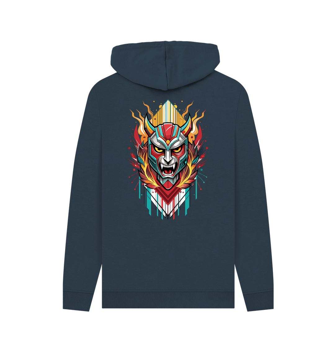 Dark blue hoodie with dragon mask graphic