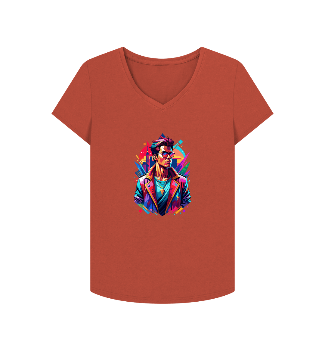 Orange t-shirt with colorful graphic design