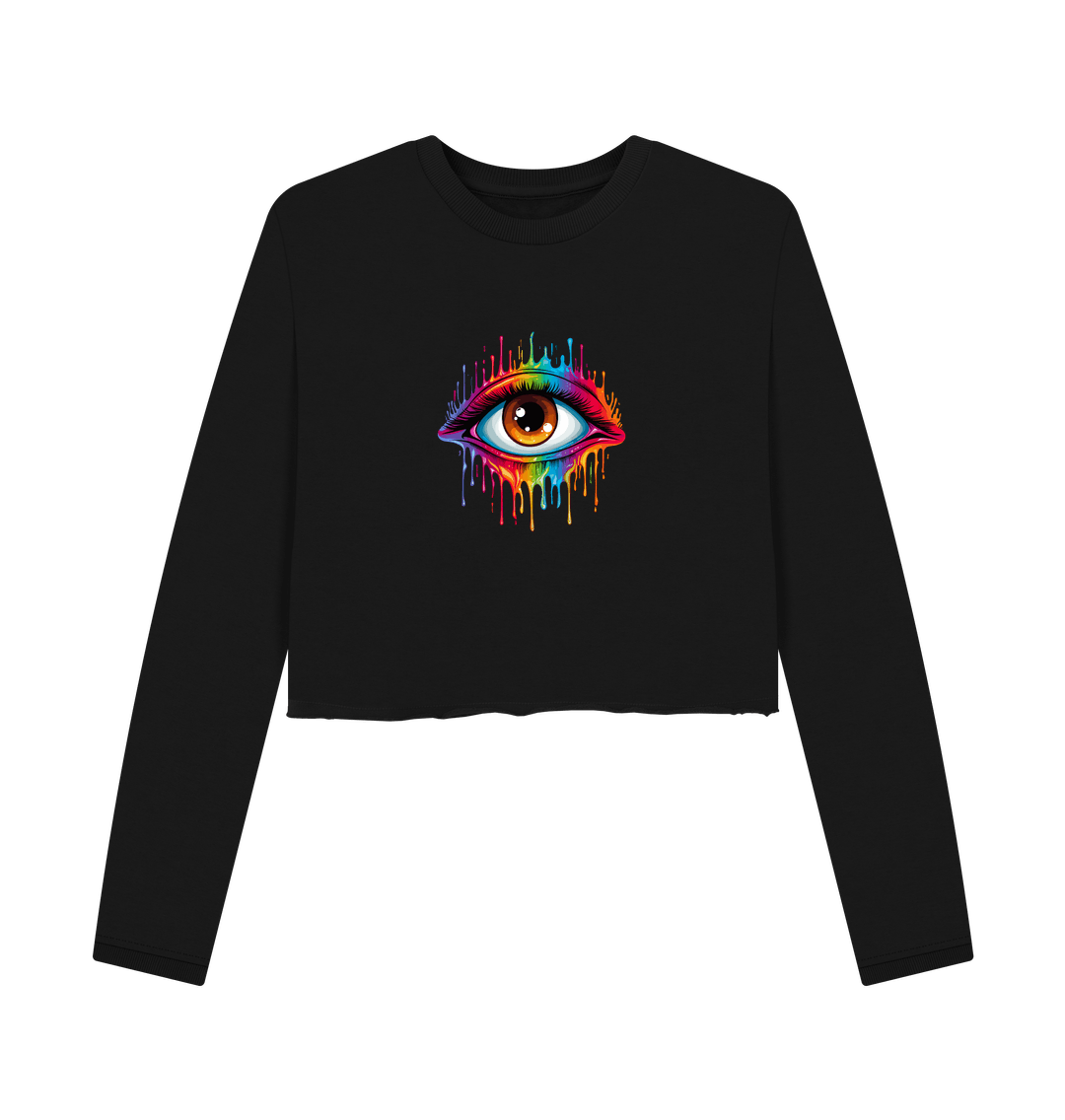 Black cropped sweatshirt with colorful dripping eye design