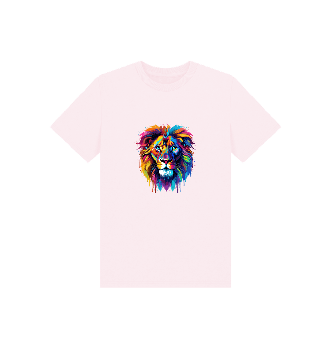 Pink t-shirt with colorful lion graphic