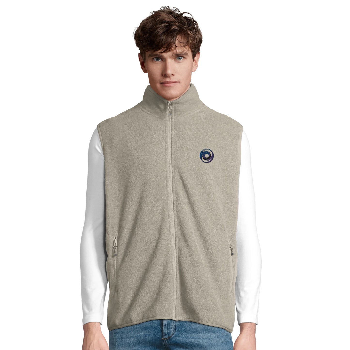 Beige fleece vest with zipper and logo (person)