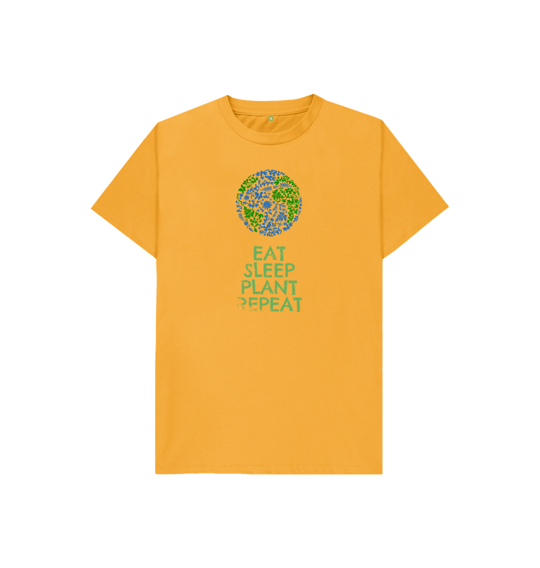 Yellow t-shirt with "EAT SLEEP PLANT REPEAT" text and circular design