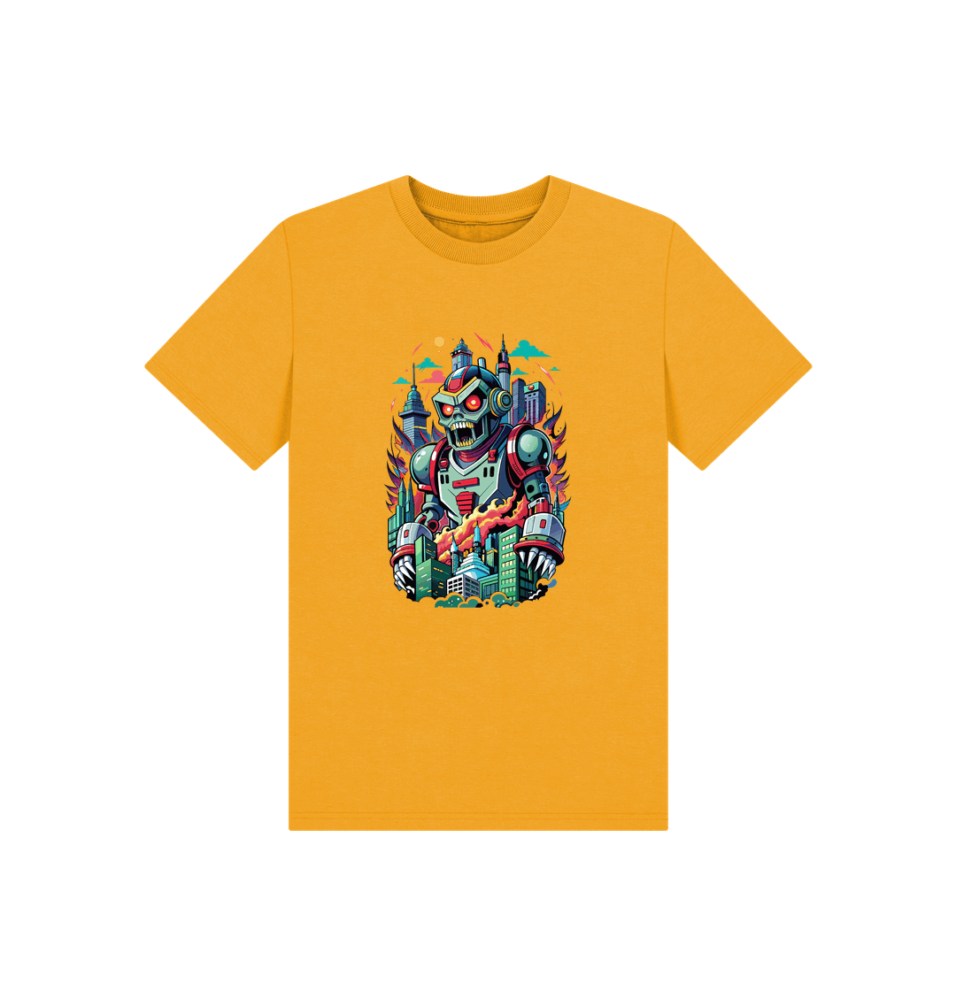 Yellow t-shirt with robot and city design