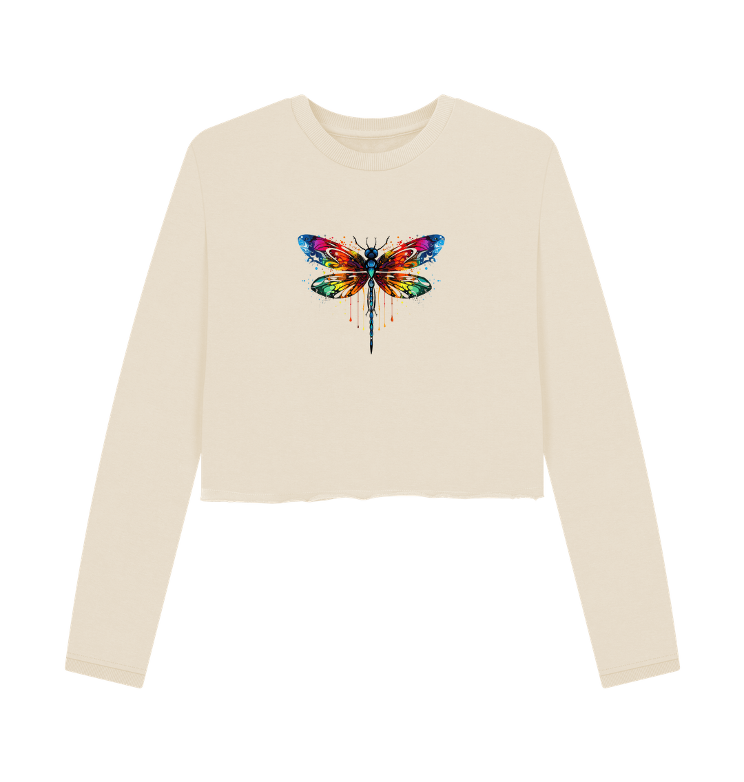 Cream-colored long-sleeve sweatshirt with colorful dragonfly design