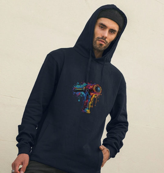 Navy blue hoodie with colorful paint splatter design (person)