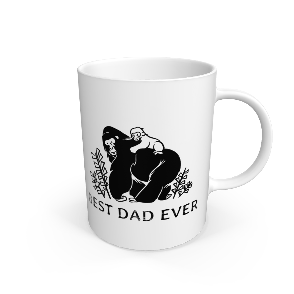 White ceramic mug with "Best Dad Ever" text and gorilla illustration