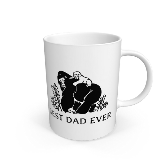 White ceramic mug with "Best Dad Ever" text and gorilla illustration
