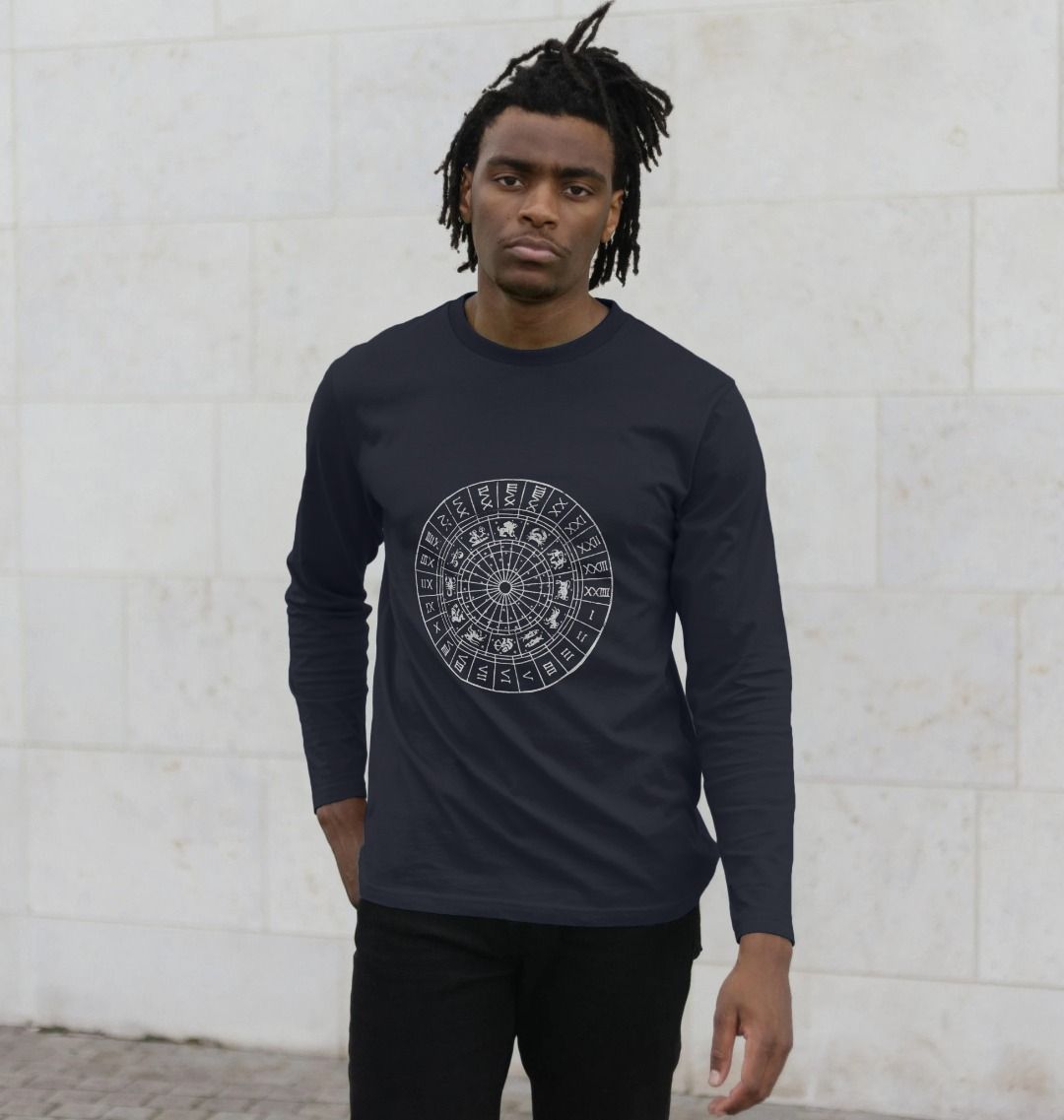 Navy blue long-sleeve t-shirt with zodiac wheel design (person)