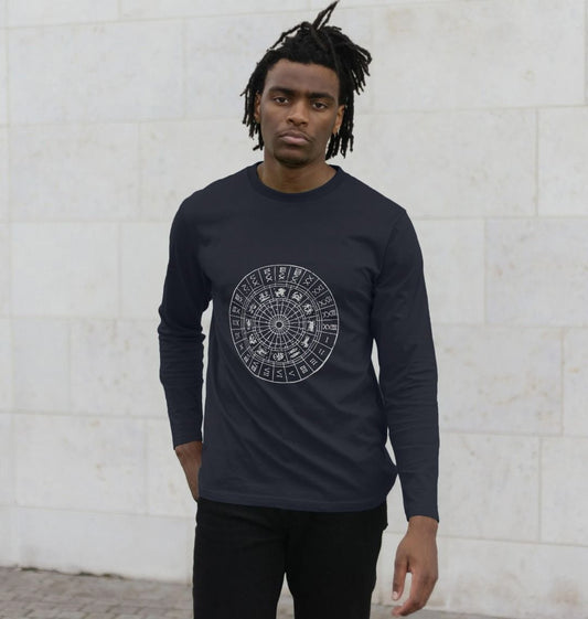 Navy blue long-sleeve t-shirt with zodiac wheel design (person)