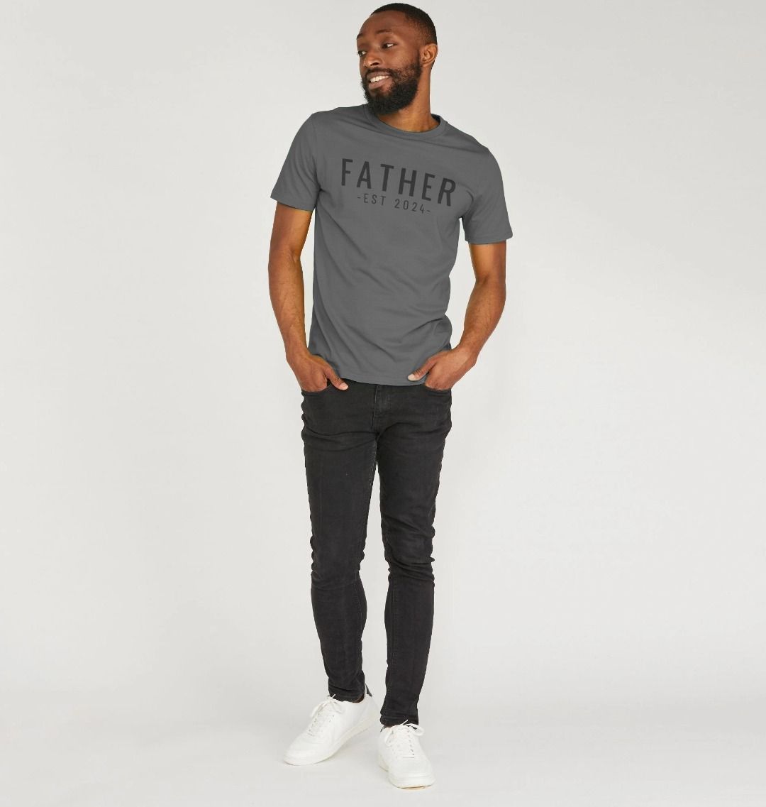 Gray t-shirt with "FATHER EST 2024" text (person)