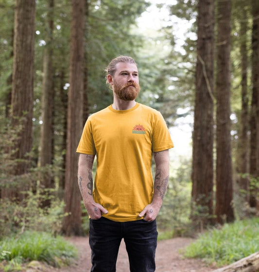 Yellow t-shirt with sun and wave design (person)