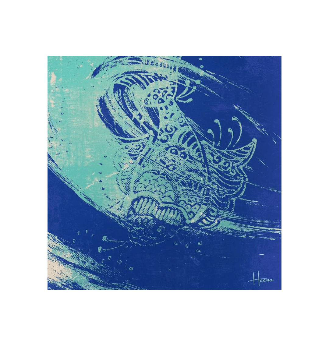 Blue and teal abstract print with intricate design