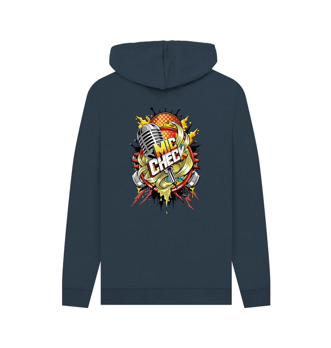Dark blue hoodie with "MIC CHECK" graphic
