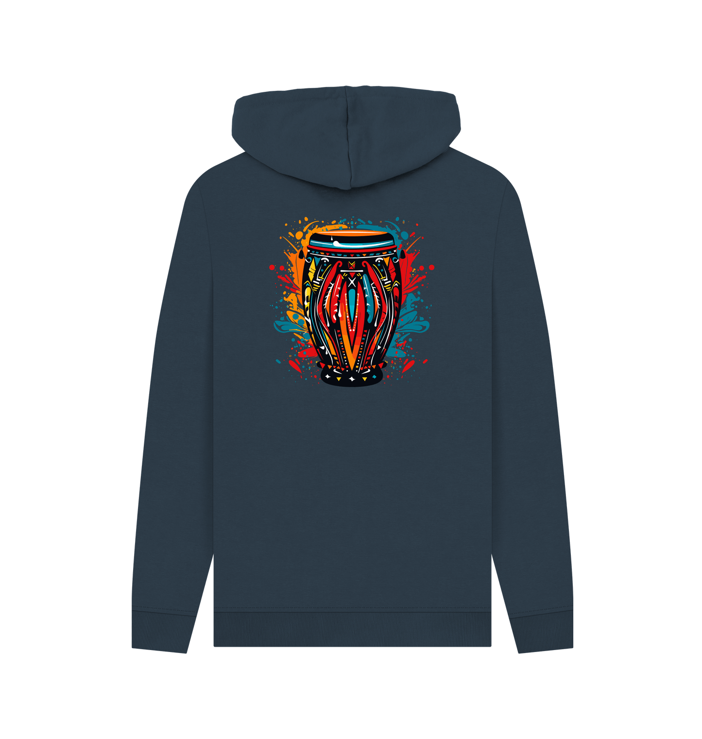 Dark gray hoodie with colorful drum design