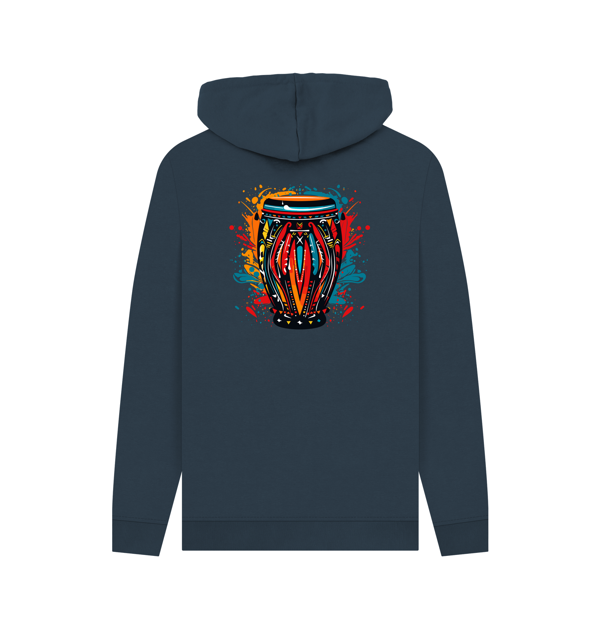 Dark gray hoodie with colorful drum design
